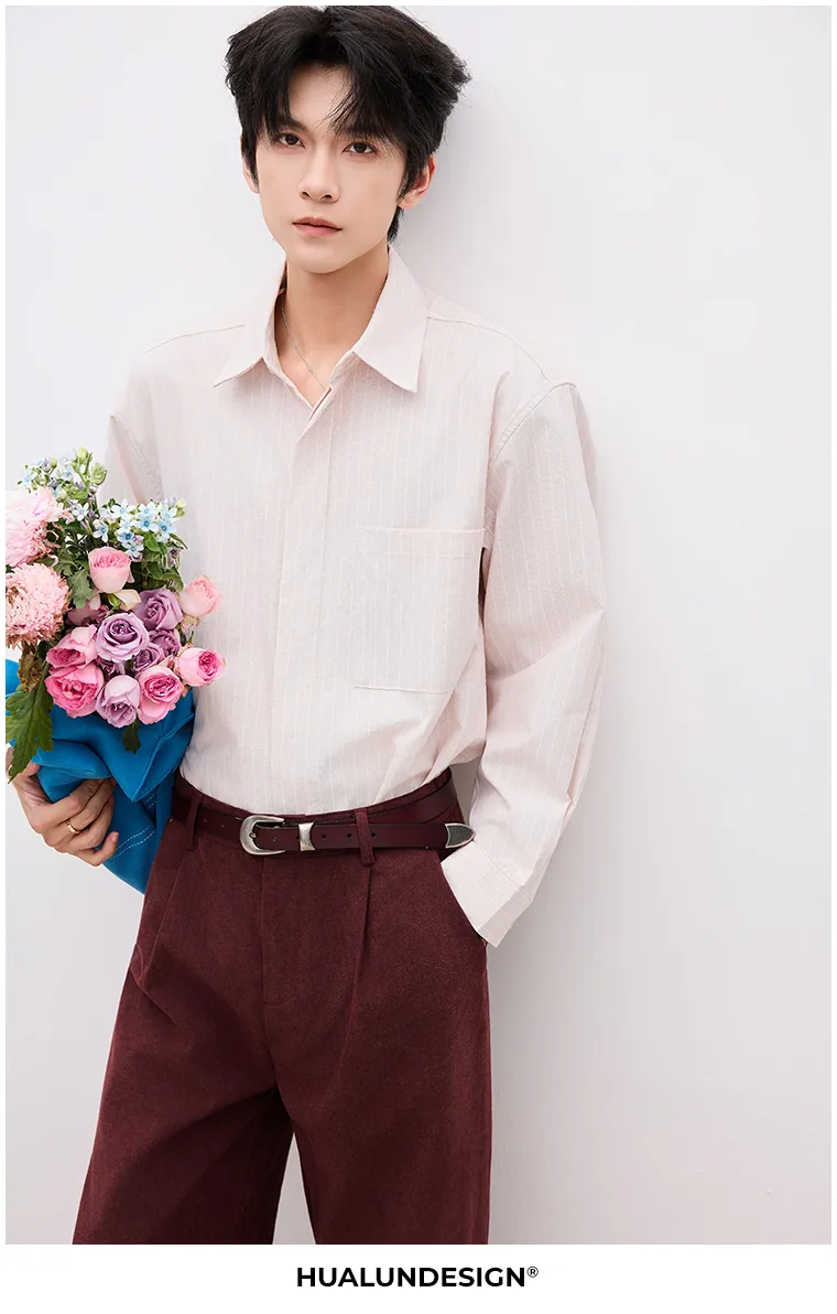 Fine-stripe button-front shirt — On model 2