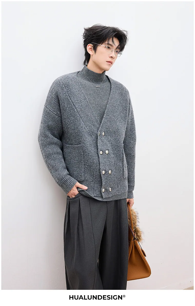 Double-button V-neck cardigan — On model 3