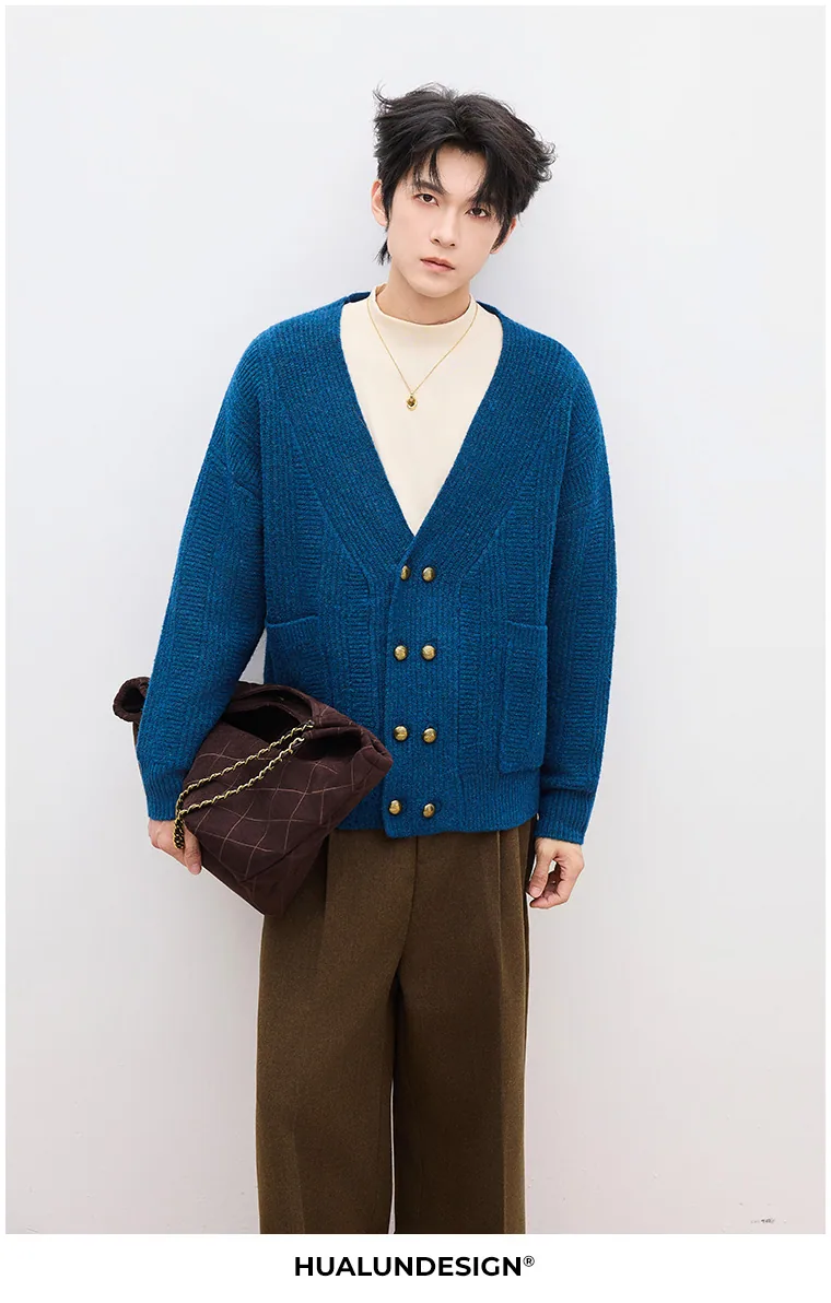 Double-button V-neck cardigan — On model 4