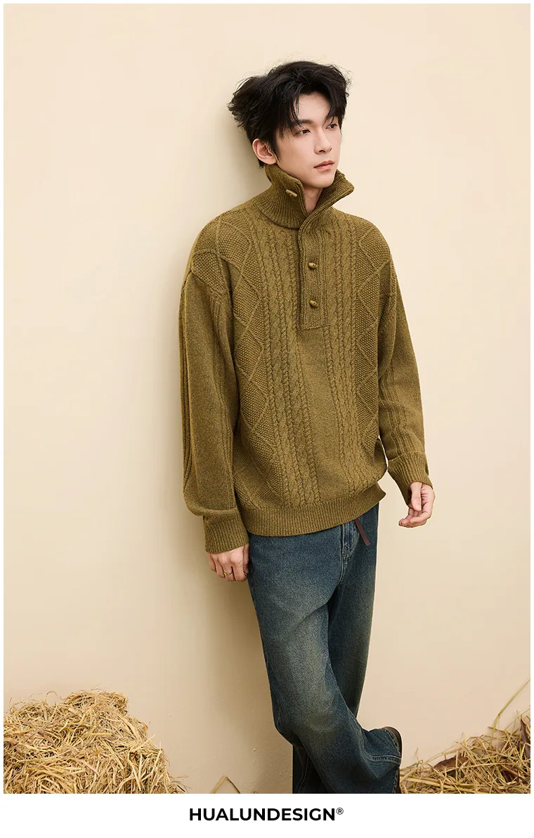 Button-neck cable knit — HL26881