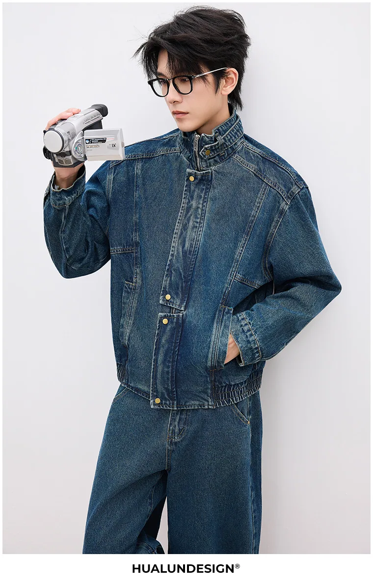 Stand-collar denim set — On model 2
