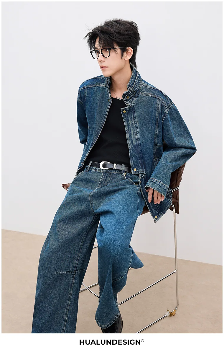 Stand-collar denim set — On model 3
